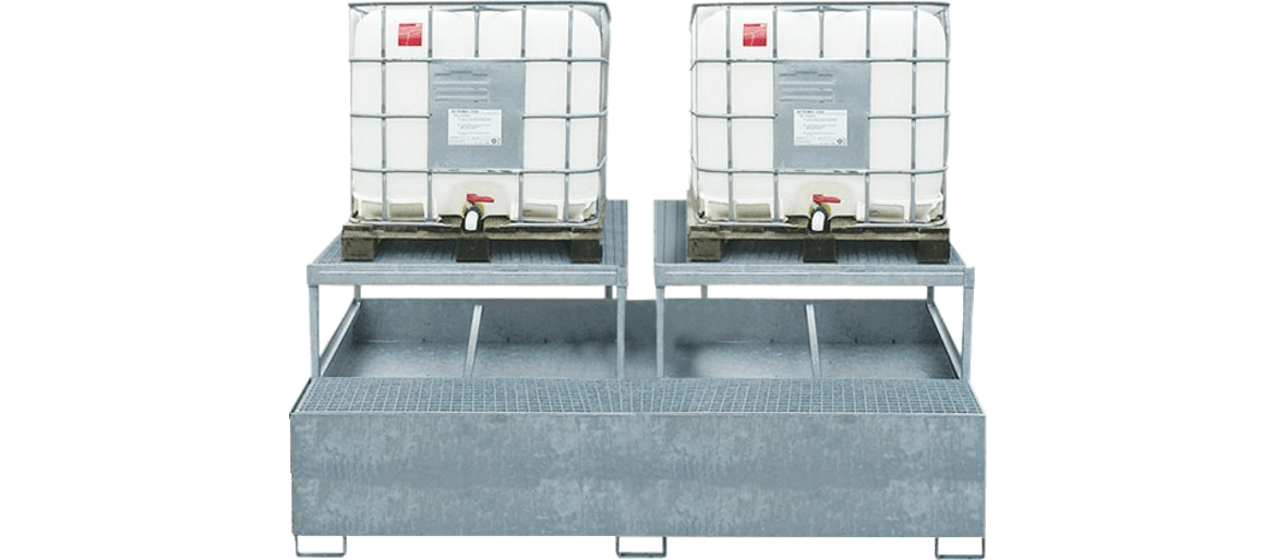 BACIA DE RETENÇÃO EM AÇO GALVANIZADO PARA 2 GRG COM BANDEJA DISPENSADORA – IBC2DGE
